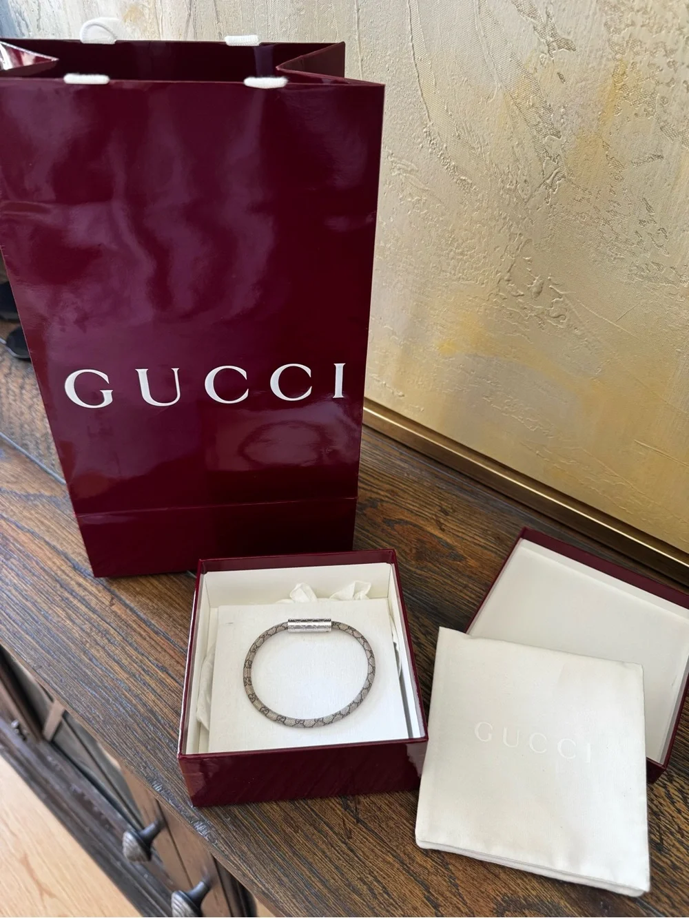 Gucci Burgundy and Silver Logo Bracelet